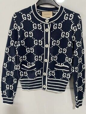 Gucci Navy and White GG Button-Front Cardigan